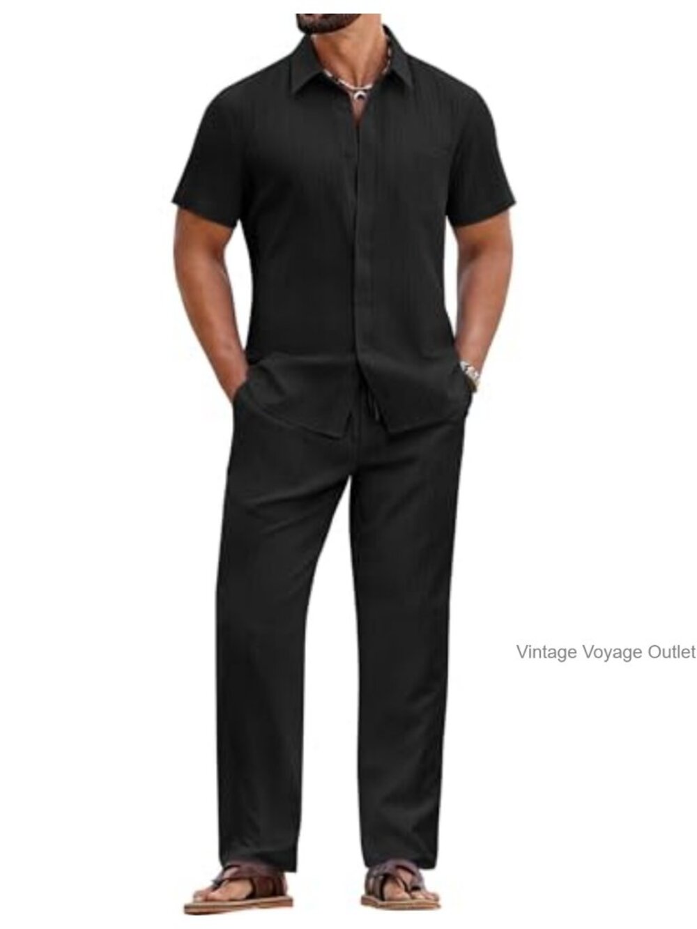 Mens 2 Piece Set Short Sleeve Button Down Shirt Loose Pants Beach Outfit